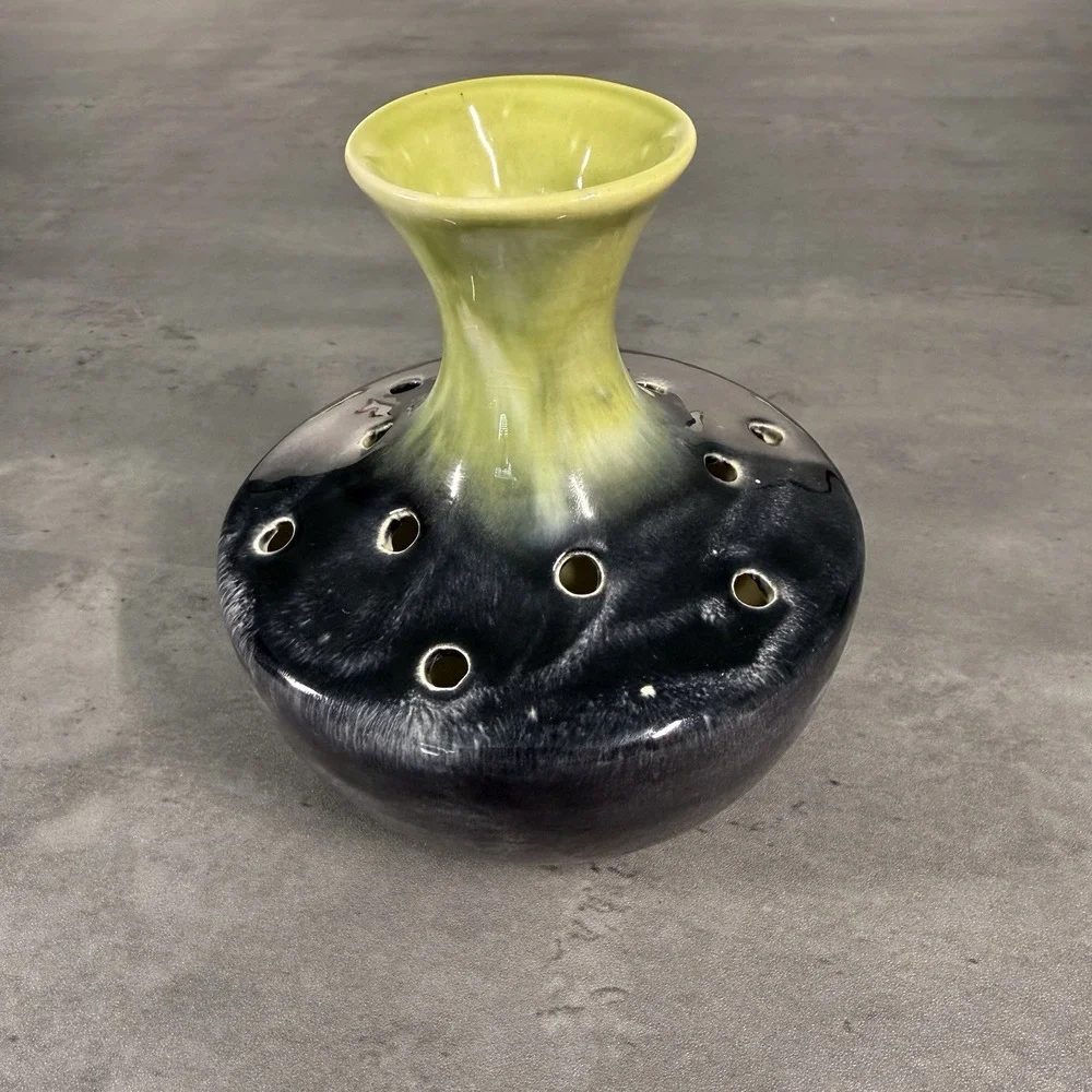 Art‎ Pottery Frog Vase with Stem Holes Glazed Green Black